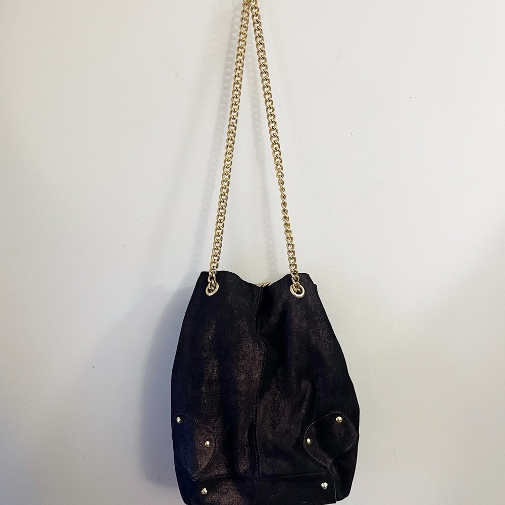 Maurizio Taiuti Brown Suede Shoulder Bag with Gold Chain Chic Classy Minimalist - Picture 3 of 13